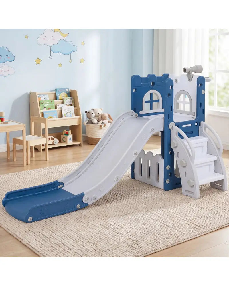 6-in-1 Toddler Slide L-shaped Playground with Basketball Hoop and Ladder-Blue - Blue - Climbers & Slides