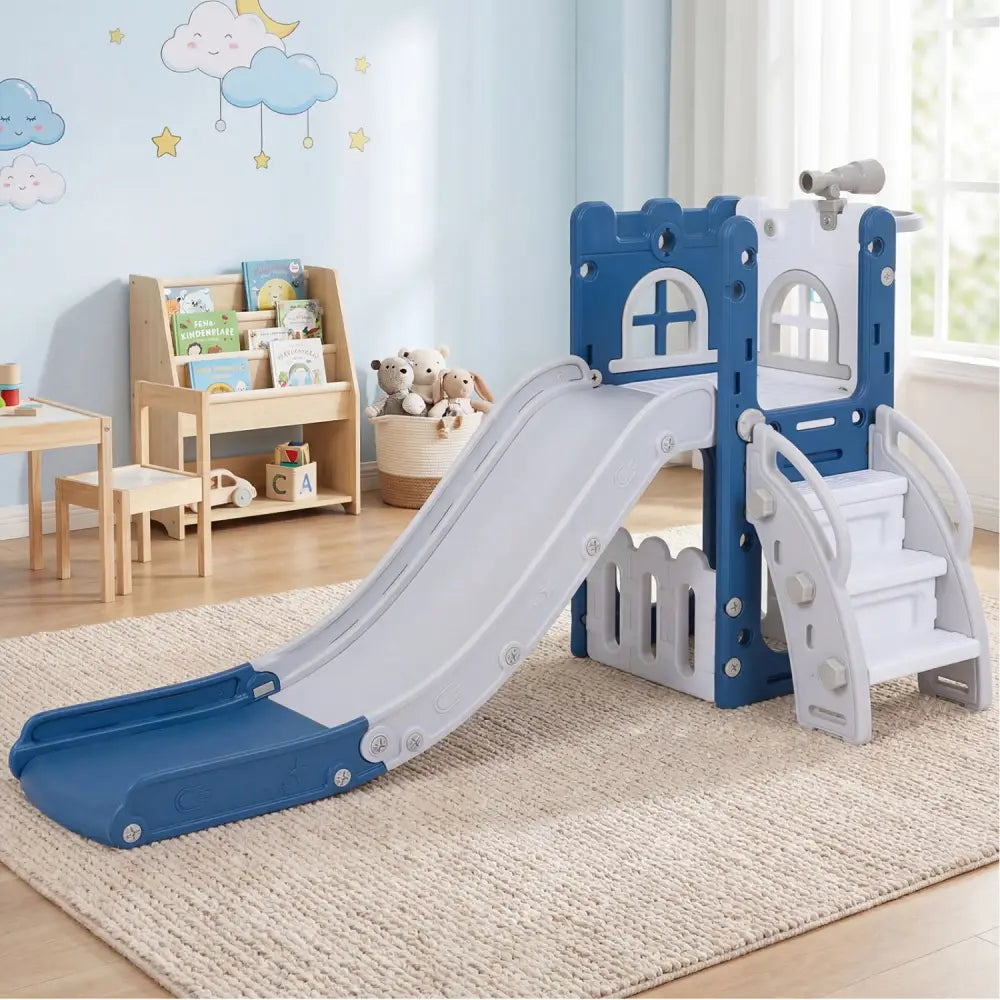 6-in-1 Toddler Slide L-shaped Playground with Basketball Hoop and Ladder-Blue - Blue - Climbers & Slides