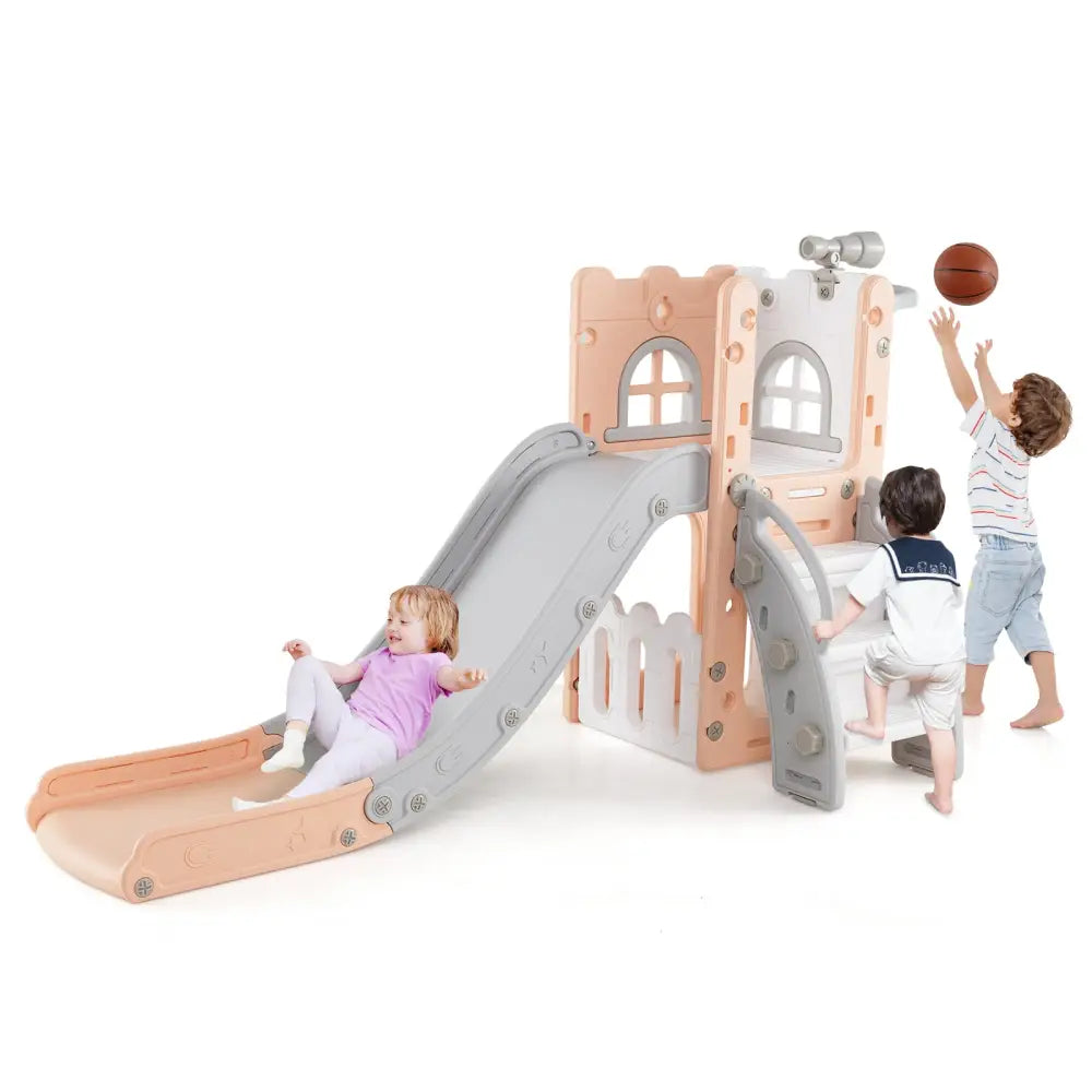 6-in-1 Toddler Slide L-shaped Playground with Basketball Hoop and Ladder-Pink - Pink - Climbers & Slides