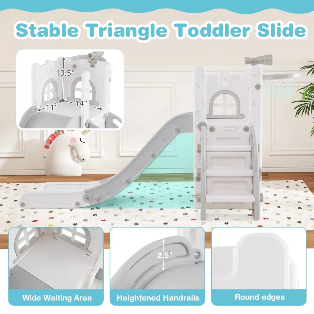 6-in-1 Toddler Slide L-shaped Playground with Basketball Hoop and Ladder-Gray - Gray - Climbers & Slides