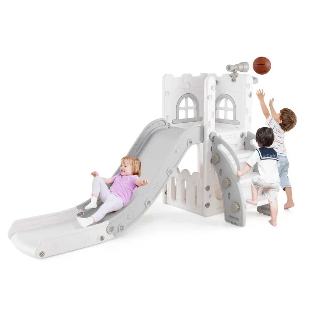 6-in-1 Toddler Slide L-shaped Playground with Basketball Hoop and Ladder-Gray - Gray - Climbers & Slides