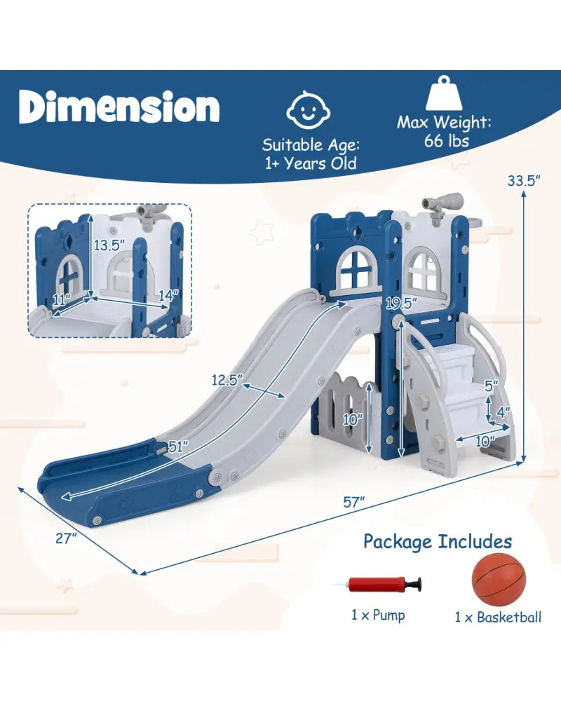 6-in-1 Toddler Slide L-shaped Playground with Basketball Hoop and Ladder-Blue - Blue - Climbers & Slides