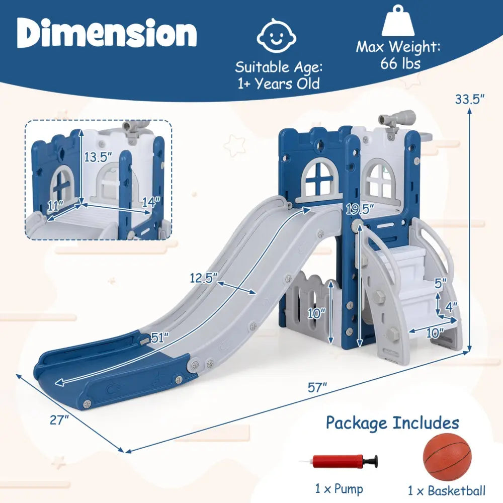 6-in-1 Toddler Slide L-shaped Playground with Basketball Hoop and Ladder-Blue - Blue - Climbers & Slides