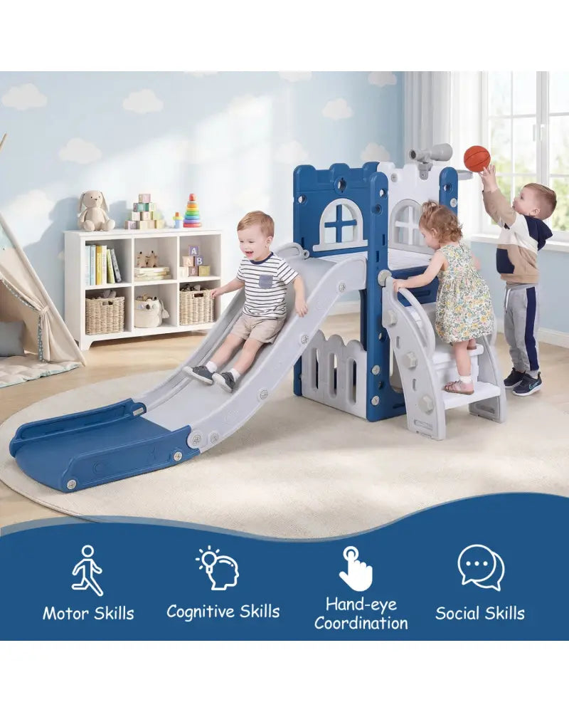 6-in-1 Toddler Slide L-shaped Playground with Basketball Hoop and Ladder-Blue - Blue - Climbers & Slides