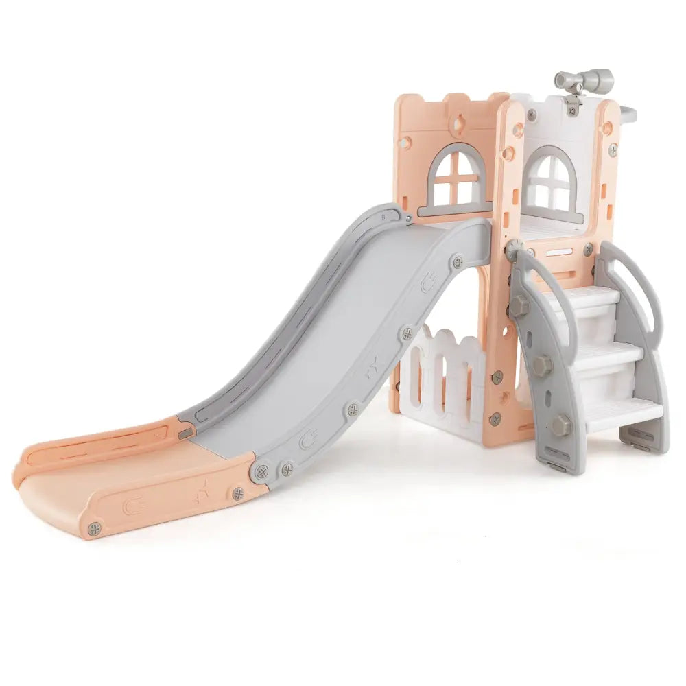 6-in-1 Toddler Slide L-shaped Playground with Basketball Hoop and Ladder-Pink - Pink - Climbers & Slides