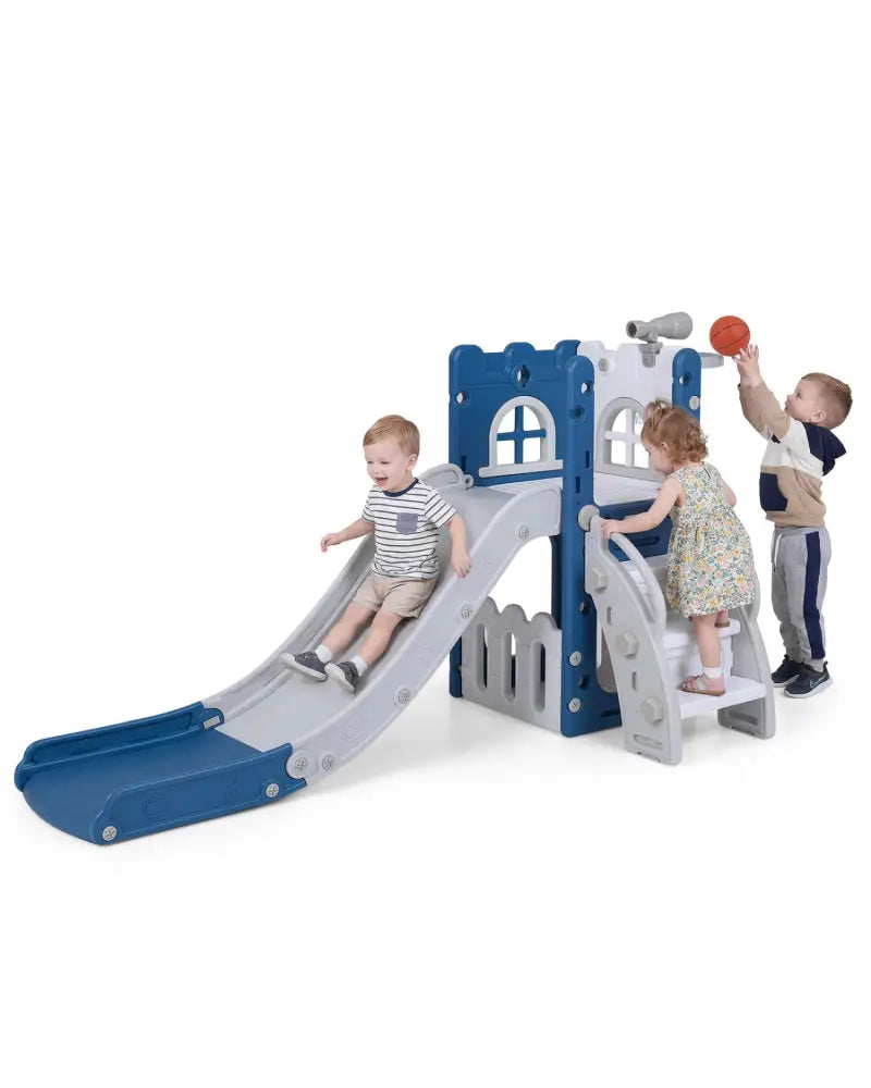 6-in-1 Toddler Slide L-shaped Playground with Basketball Hoop and Ladder-Blue - Blue - Climbers & Slides