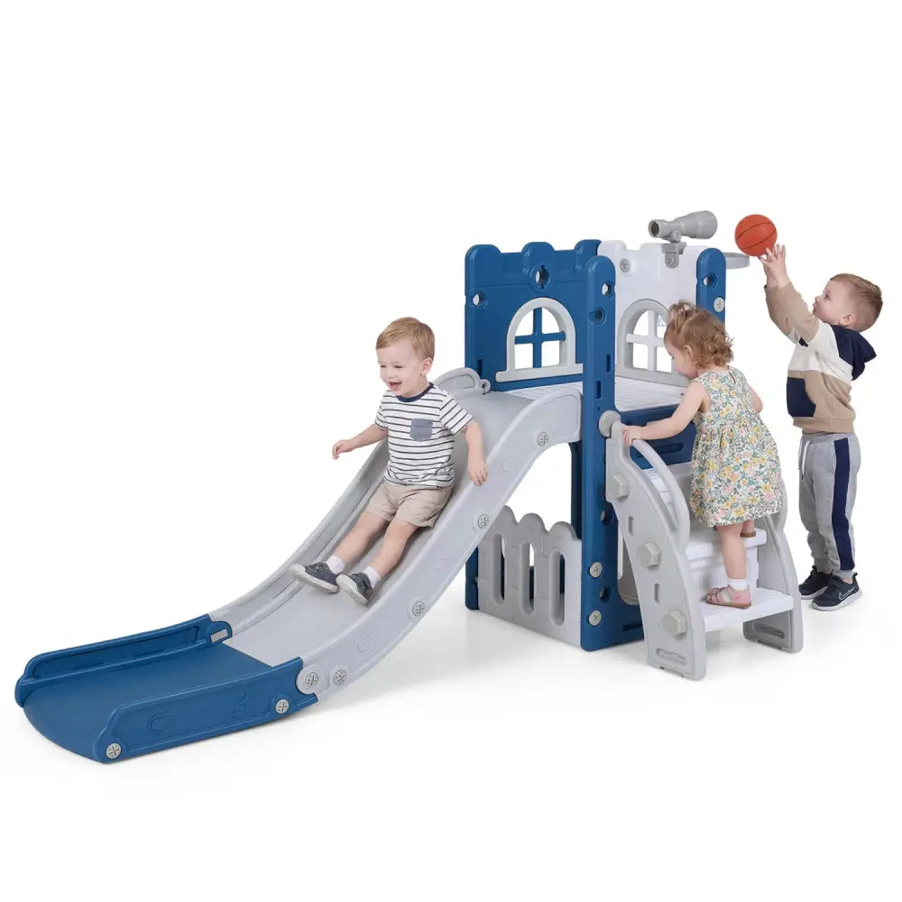 6-in-1 Toddler Slide L-shaped Playground with Basketball Hoop and Ladder-Blue - Blue - Climbers & Slides