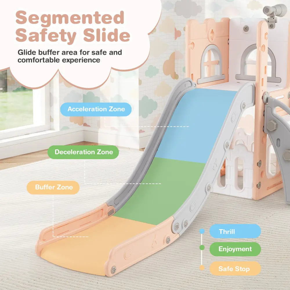 6-in-1 Toddler Slide L-shaped Playground with Basketball Hoop and Ladder-Pink - Pink - Climbers & Slides