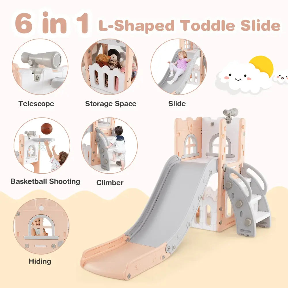 6-in-1 Toddler Slide L-shaped Playground with Basketball Hoop and Ladder-Pink - Pink - Climbers & Slides