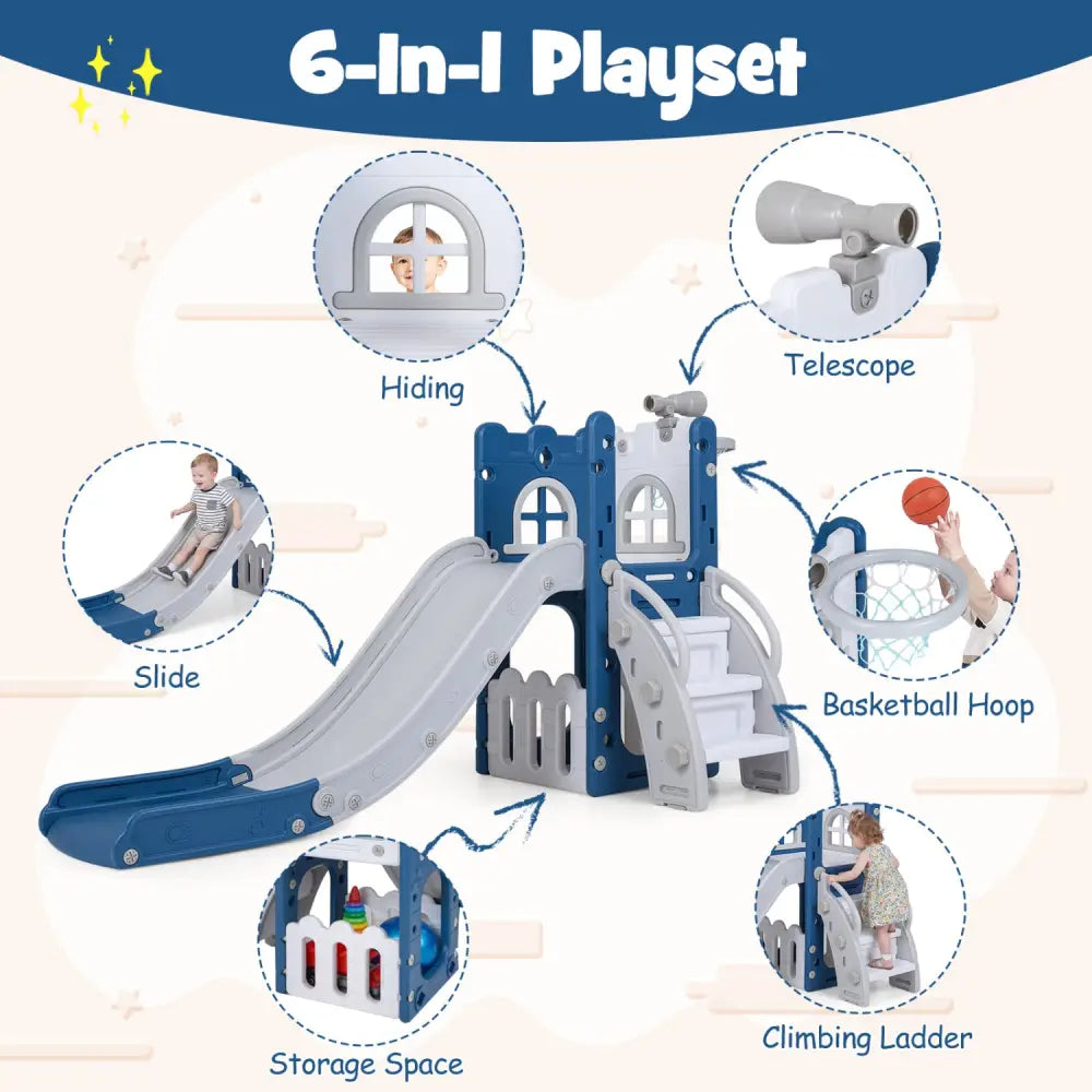 6-in-1 Toddler Slide L-shaped Playground with Basketball Hoop and Ladder-Blue - Blue - Climbers & Slides