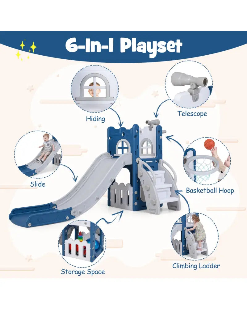6-in-1 Toddler Slide L-shaped Playground with Basketball Hoop and Ladder-Blue - Blue - Climbers & Slides