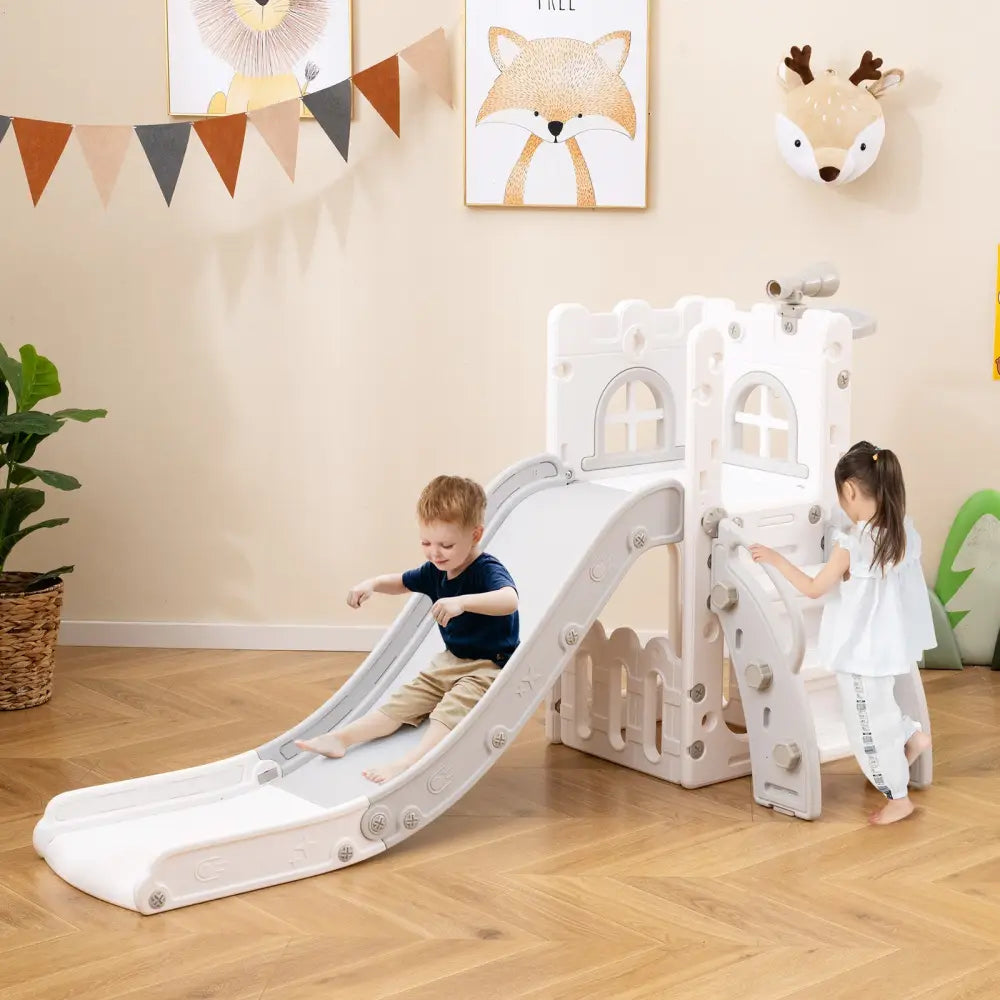 6-in-1 Toddler Slide L-shaped Playground with Basketball Hoop and Ladder-Gray - Gray - Climbers & Slides