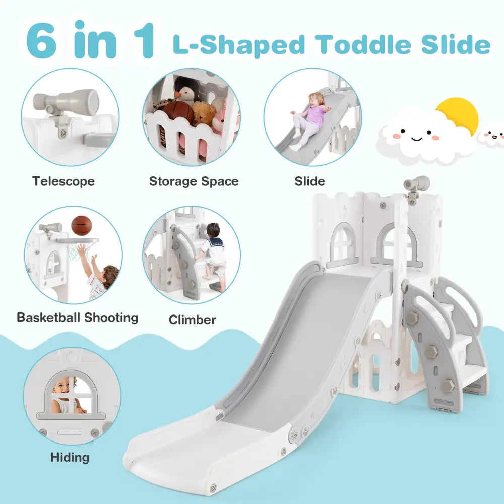 6-in-1 Toddler Slide L-shaped Playground with Basketball Hoop and Ladder-Gray - Gray - Climbers & Slides