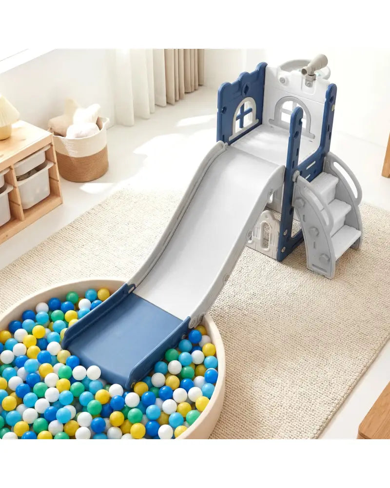 6-in-1 Toddler Slide L-shaped Playground with Basketball Hoop and Ladder-Blue - Blue - Climbers & Slides