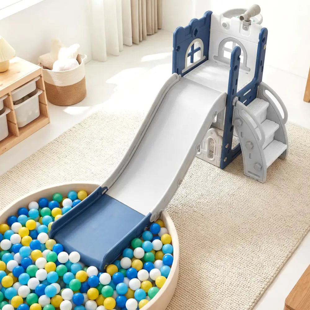 6-in-1 Toddler Slide L-shaped Playground with Basketball Hoop and Ladder-Blue - Blue - Climbers & Slides