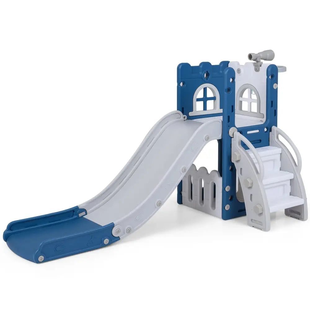 6-in-1 Toddler Slide L-shaped Playground with Basketball Hoop and Ladder-Blue - Blue - Climbers & Slides