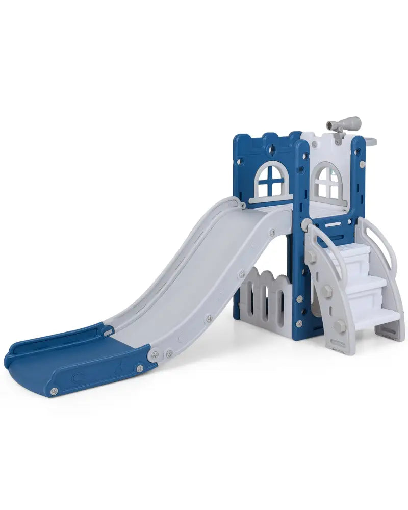 6-in-1 Toddler Slide L-shaped Playground with Basketball Hoop and Ladder-Blue - Blue - Climbers & Slides