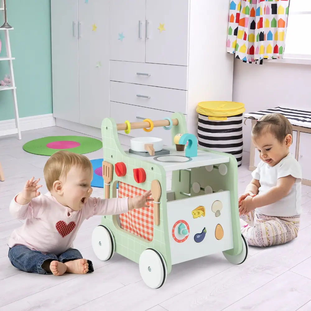 6-in-1 Wooden Baby Stroller with Play Kitchen for Kids Over 12 Months-Green - Green - Baby Walkers