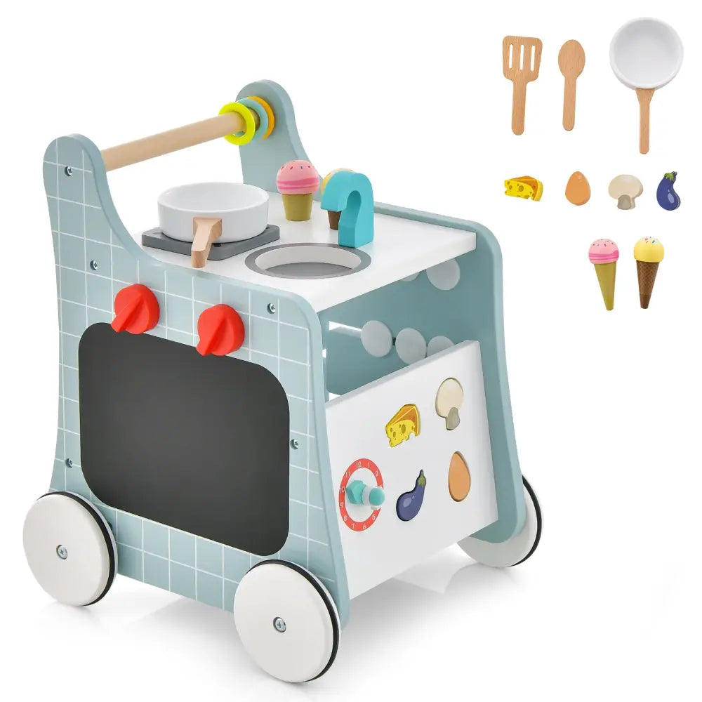 6-in-1 Wooden Baby Stroller with Play Kitchen for Kids Over 12 Months-Blue - Blue - Baby Walkers