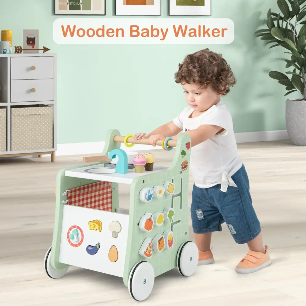 6-in-1 Wooden Baby Stroller with Play Kitchen for Kids Over 12 Months-Green - Green - Baby Walkers