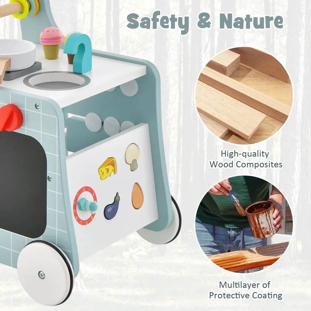 6-in-1 Wooden Baby Stroller with Play Kitchen for Kids Over 12 Months-Blue - Blue - Baby Walkers