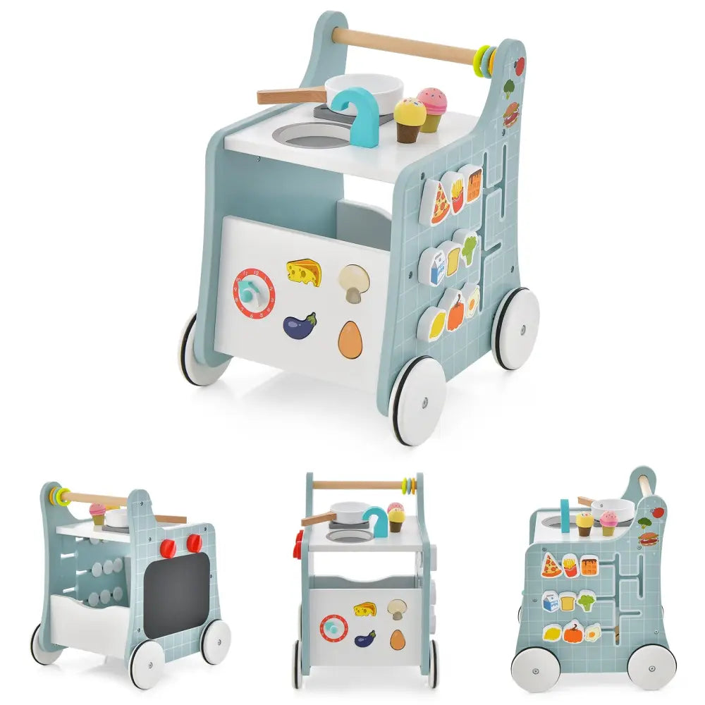 6-in-1 Wooden Baby Stroller with Play Kitchen for Kids Over 12 Months-Blue - Blue - Baby Walkers
