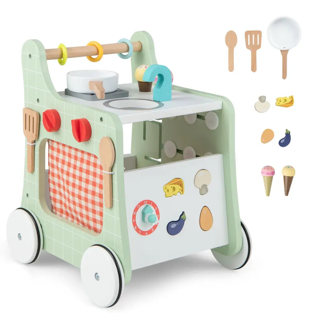 6-in-1 Wooden Baby Stroller with Play Kitchen for Kids Over 12 Months-Green - Green - Baby Walkers