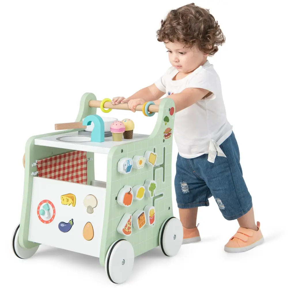 6-in-1 Wooden Baby Stroller with Play Kitchen for Kids Over 12 Months-Green - Green - Baby Walkers