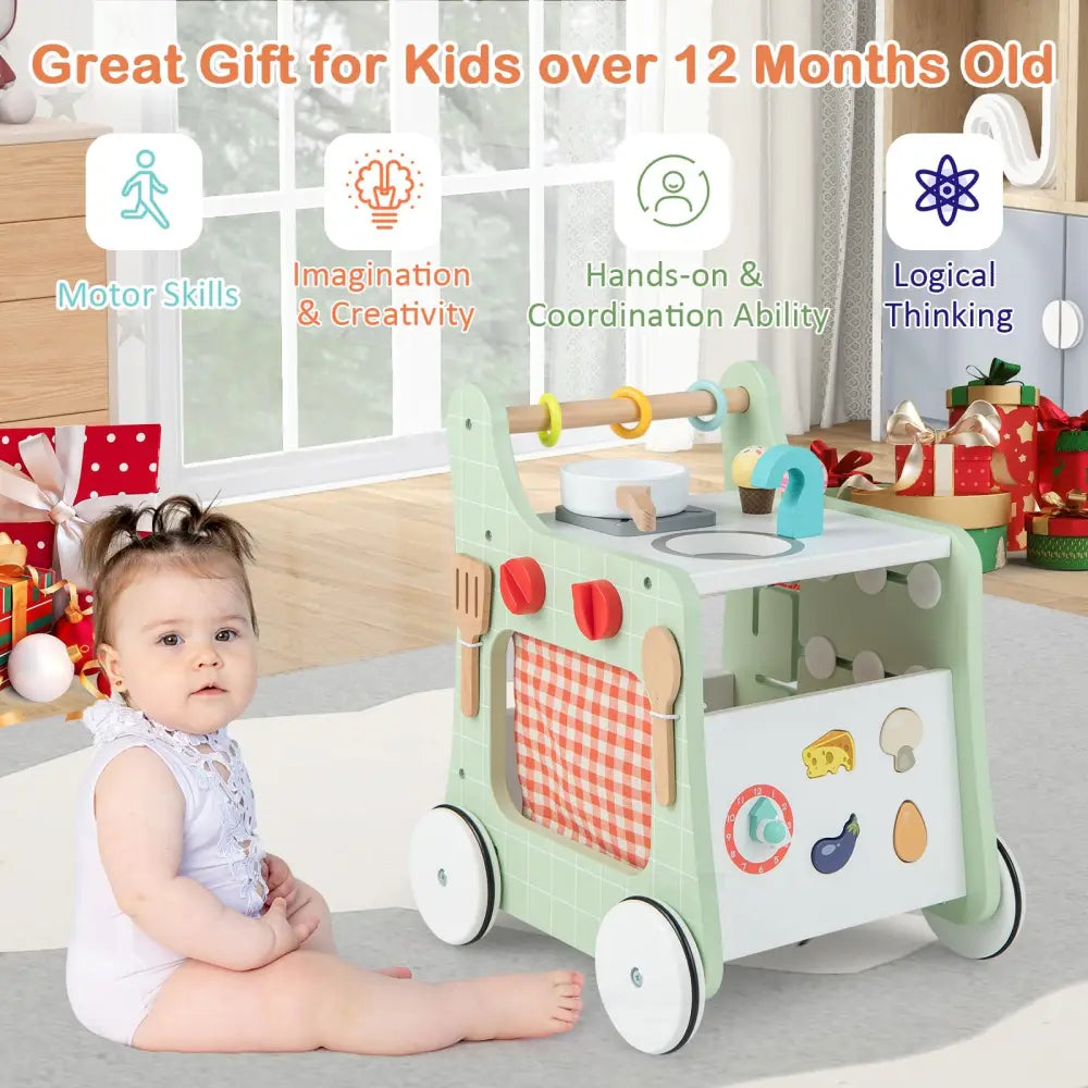 6-in-1 Wooden Baby Stroller with Play Kitchen for Kids Over 12 Months-Green - Green - Baby Walkers