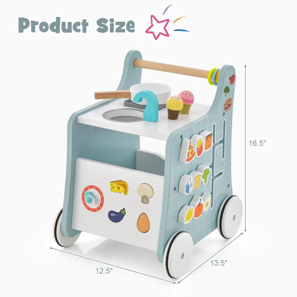 6-in-1 Wooden Baby Stroller with Play Kitchen for Kids Over 12 Months-Blue - Blue - Baby Walkers