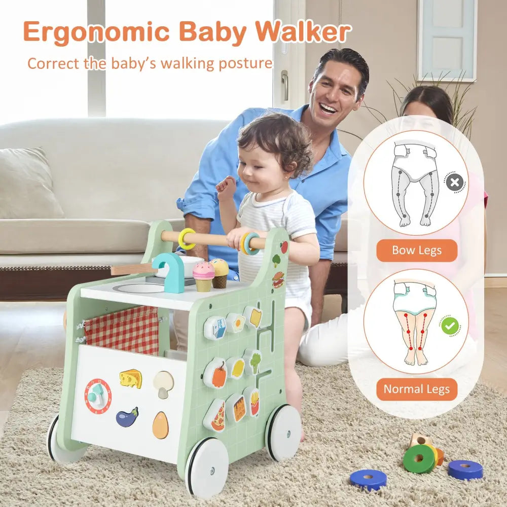 6-in-1 Wooden Baby Stroller with Play Kitchen for Kids Over 12 Months-Green - Green - Baby Walkers