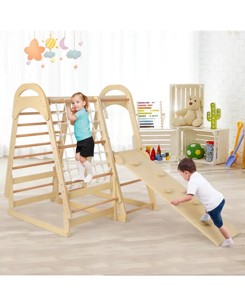 6-in-1 Wooden Kids Jungle Gym Playset with Slide Climbing Net-Natural - Natural - Climbers & Slides