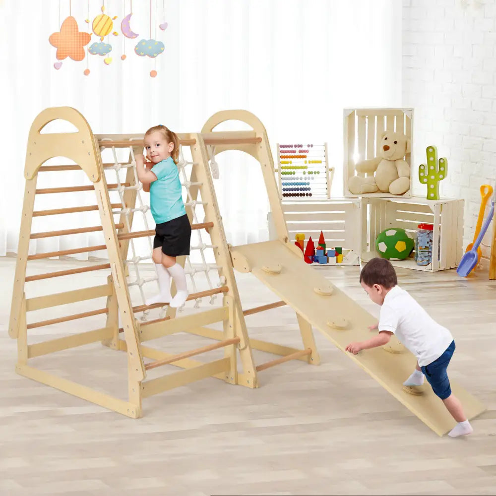 6-in-1 Wooden Kids Jungle Gym Playset with Slide Climbing Net-Natural - Natural - Climbers & Slides