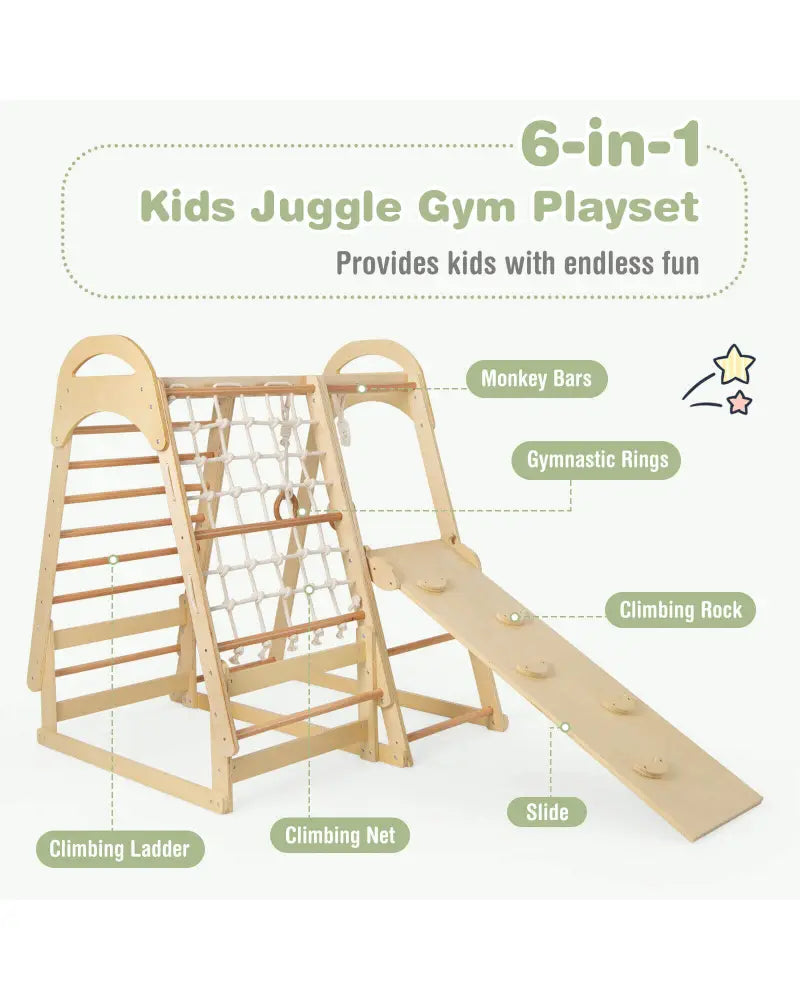 6-in-1 Wooden Kids Jungle Gym Playset with Slide Climbing Net-Natural - Natural - Climbers & Slides