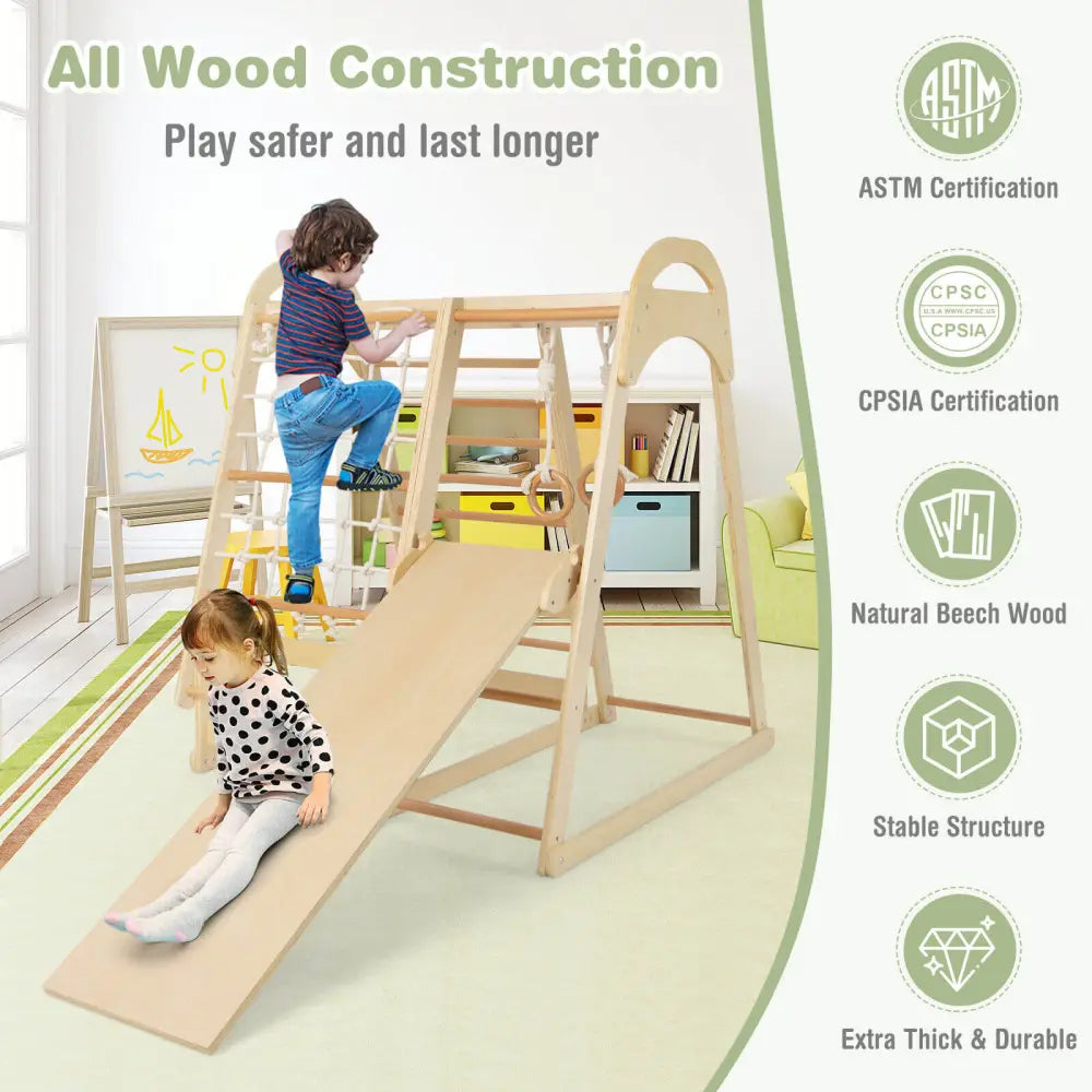 6-in-1 Wooden Kids Jungle Gym Playset with Slide Climbing Net-Natural - Natural - Climbers & Slides