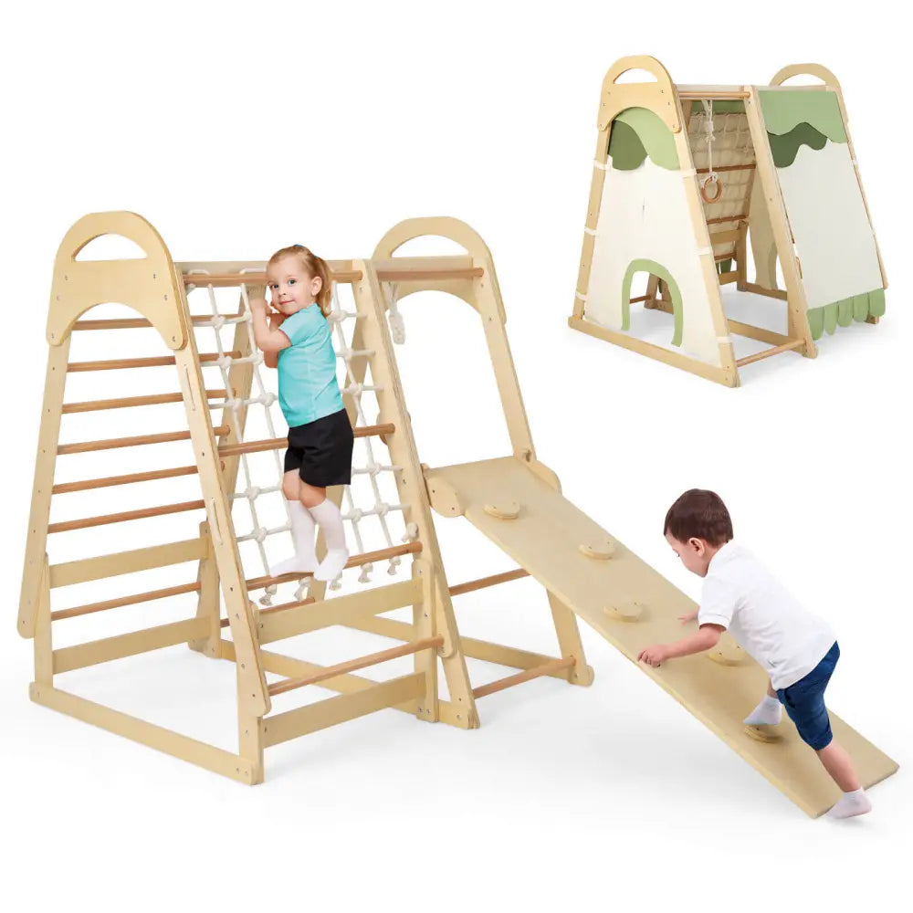 6-in-1 Wooden Kids Jungle Gym Playset with Slide Climbing Net-Natural - Natural - Climbers & Slides