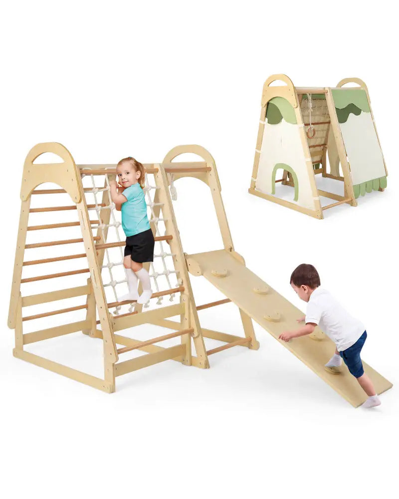 6-in-1 Wooden Kids Jungle Gym Playset with Slide Climbing Net-Natural - Natural - Climbers & Slides