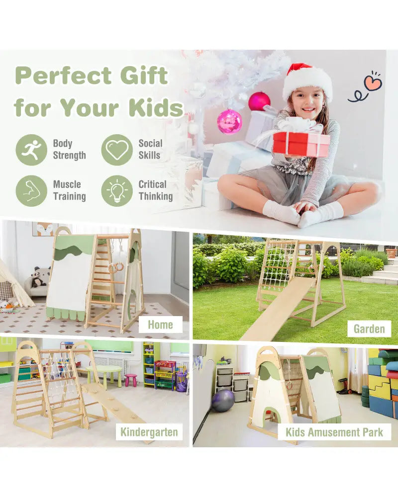 6-in-1 Wooden Kids Jungle Gym Playset with Slide Climbing Net-Natural - Natural - Climbers & Slides