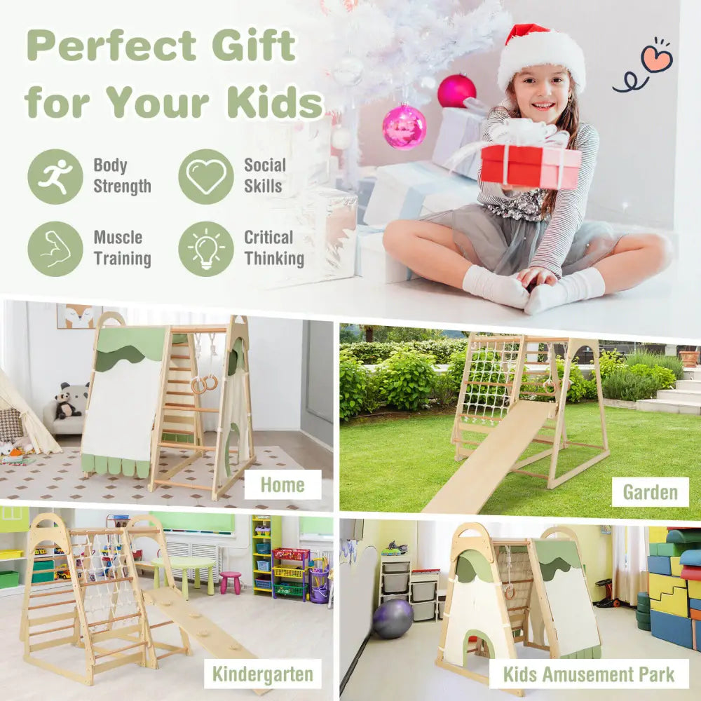 6-in-1 Wooden Kids Jungle Gym Playset with Slide Climbing Net-Natural - Natural - Climbers & Slides