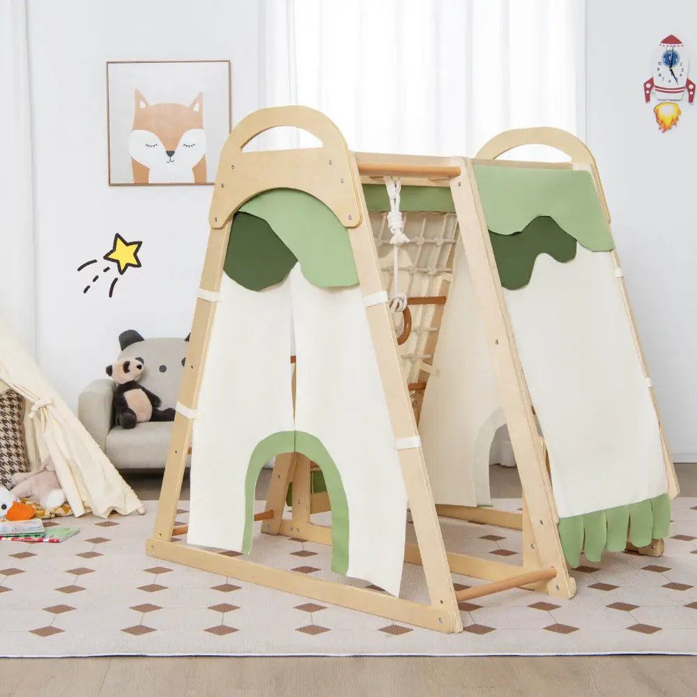 6-in-1 Wooden Kids Jungle Gym Playset with Slide Climbing Net-Natural - Natural - Climbers & Slides