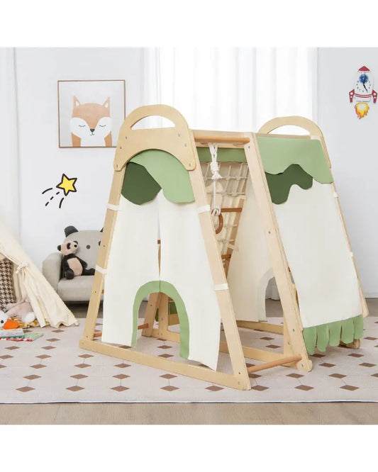 6-in-1 Wooden Kids Jungle Gym Playset with Slide Climbing Net-Natural - Natural - Climbers & Slides