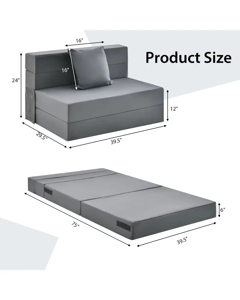 6 Inch Tri-fold Sofa Bed Folding Mattress with Pillow-Dark Gray - Dark Gray - Floor Chairs