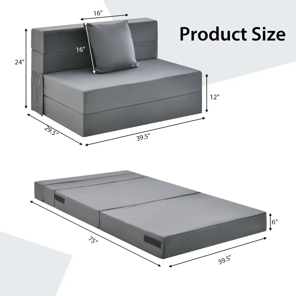 6 Inch Tri-fold Sofa Bed Folding Mattress with Pillow-Dark Gray - Dark Gray - Floor Chairs