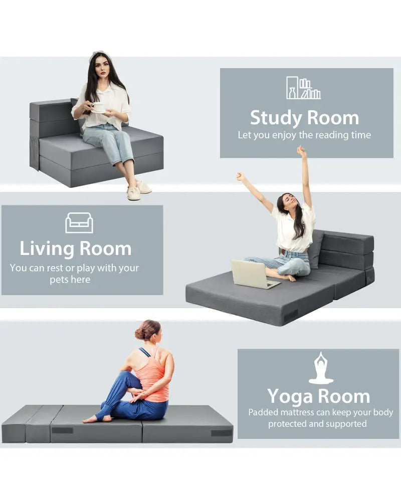 6 Inch Tri-fold Sofa Bed Folding Mattress with Pillow-Dark Gray - Dark Gray - Floor Chairs