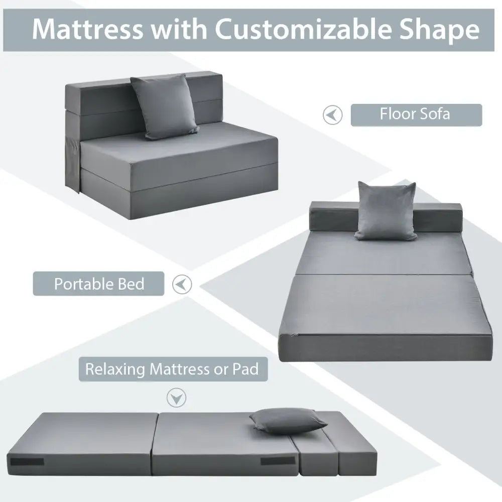6 Inch Tri-fold Sofa Bed Folding Mattress with Pillow-Dark Gray - Dark Gray - Floor Chairs