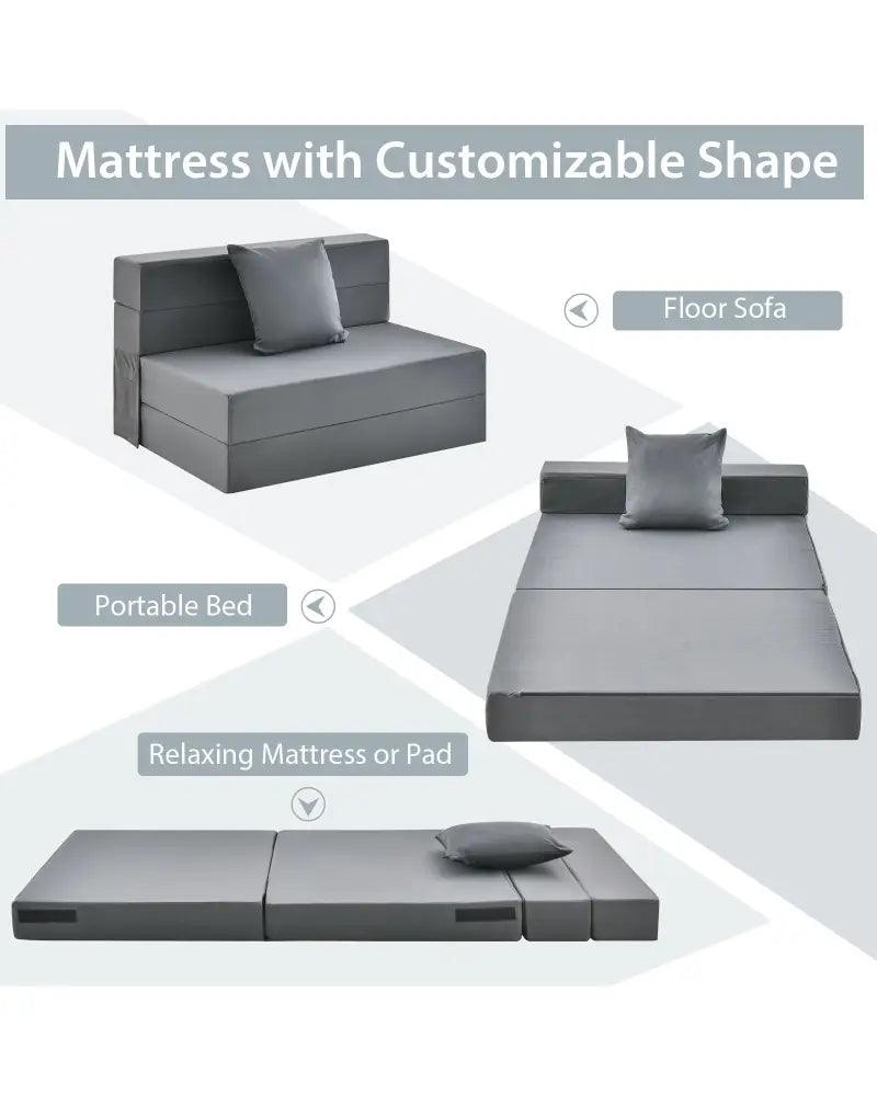 6 Inch Tri-fold Sofa Bed Folding Mattress with Pillow-Dark Gray - Dark Gray - Floor Chairs