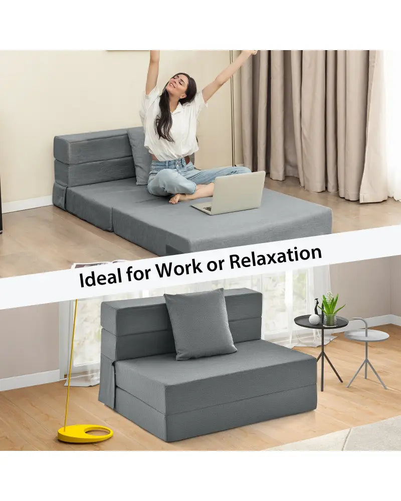 6 Inch Tri-fold Sofa Bed Folding Mattress with Pillow-Dark Gray - Dark Gray - Floor Chairs