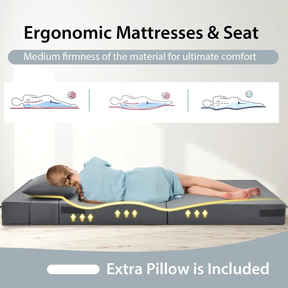 6 Inch Tri-fold Sofa Bed Folding Mattress with Pillow-Dark Gray - Dark Gray - Floor Chairs