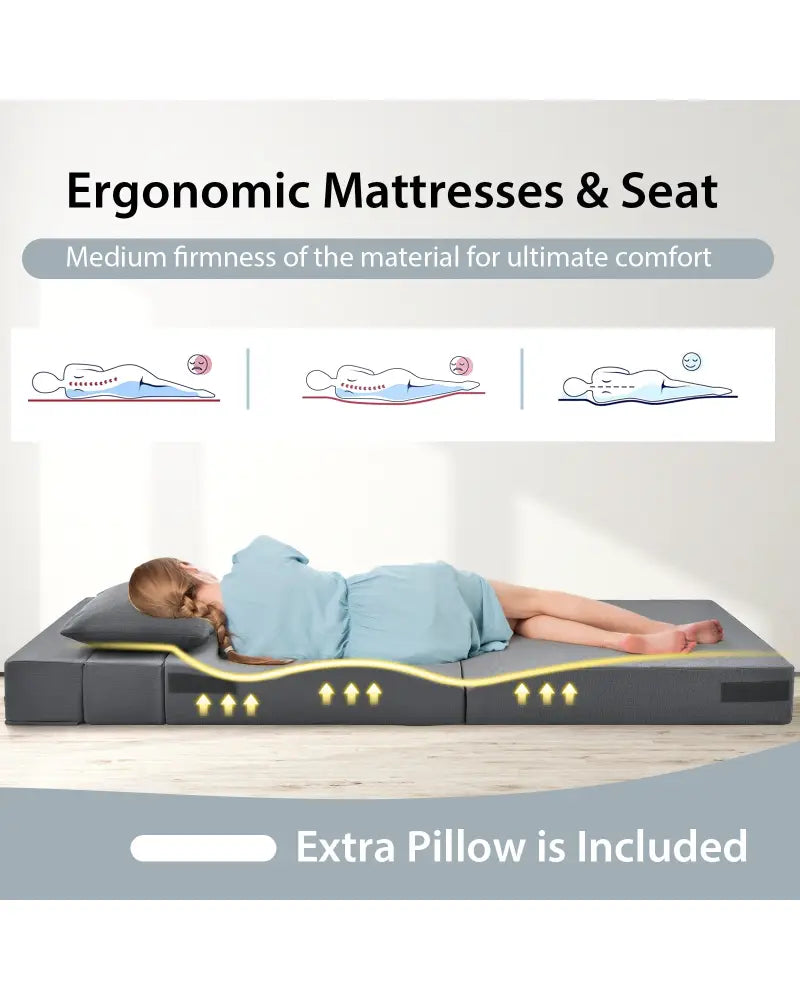 6 Inch Tri-fold Sofa Bed Folding Mattress with Pillow-Dark Gray - Dark Gray - Floor Chairs