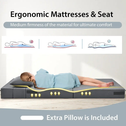 6 Inch Tri-fold Sofa Bed Folding Mattress with Pillow-Dark Gray - Dark Gray - Floor Chairs